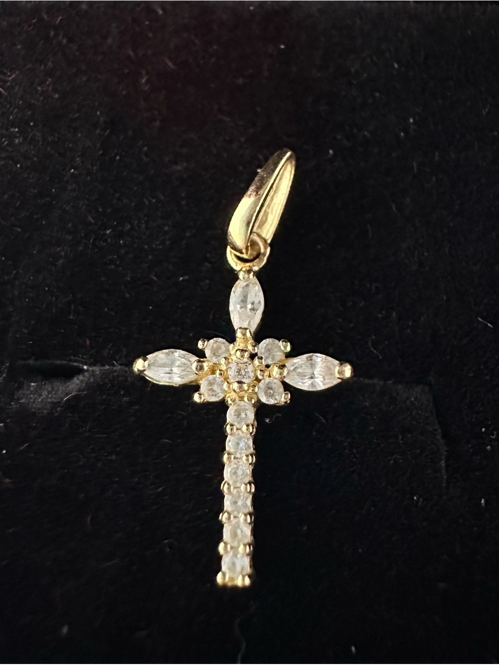 10k Yellow Gold Cross Pendant with Marquise Cut CZ Stones